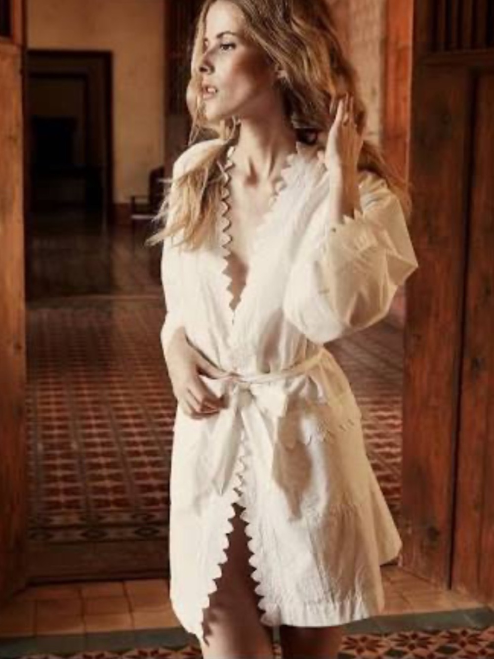 Dôen Edna 100% Cotton Robe in Cream  Eyelet Trim Tie Waist - Picture 14 of 14